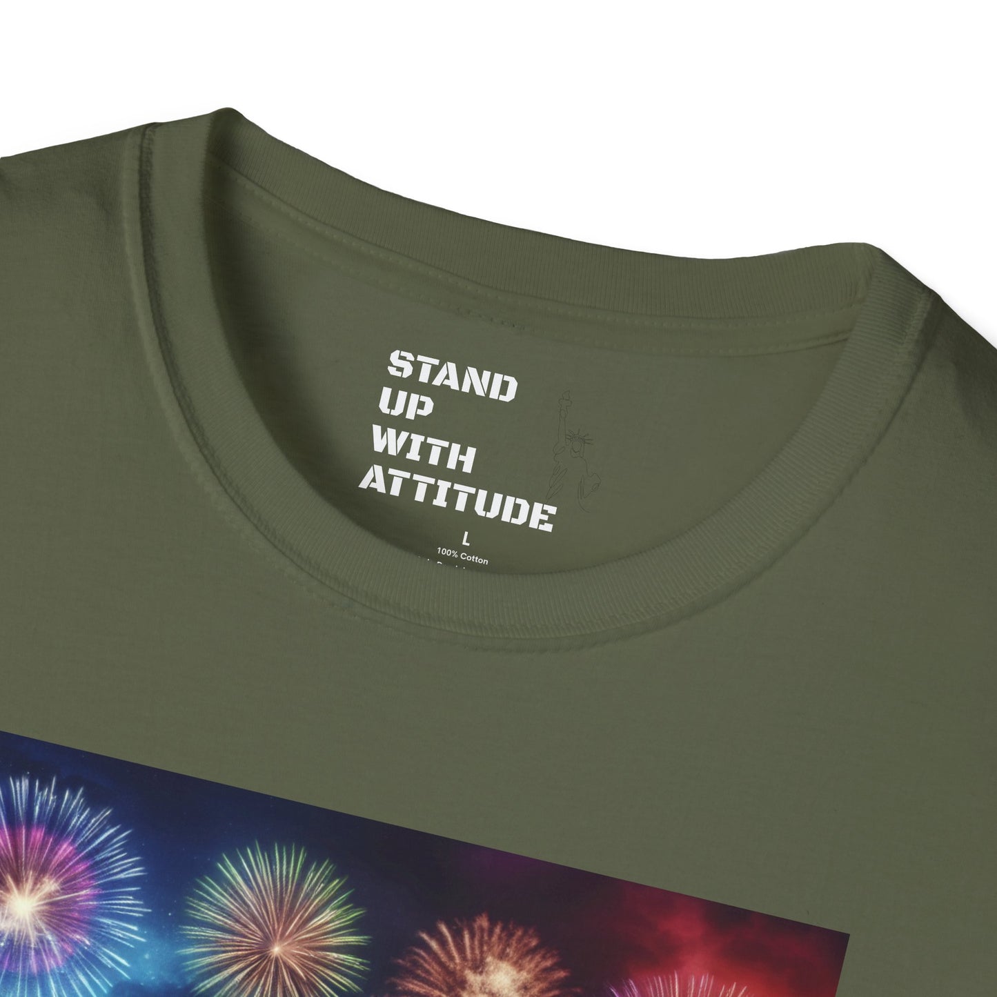 Crowd At Concert Cheering With American Flag And Fireworks Softstyle T-Shirt