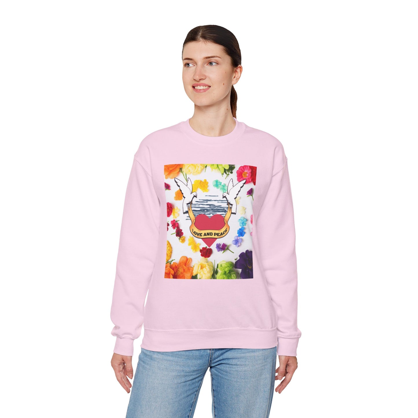 2 Doves With Banner "Love And Peace" Heavy Blend™ Crewneck Sweatshirt
