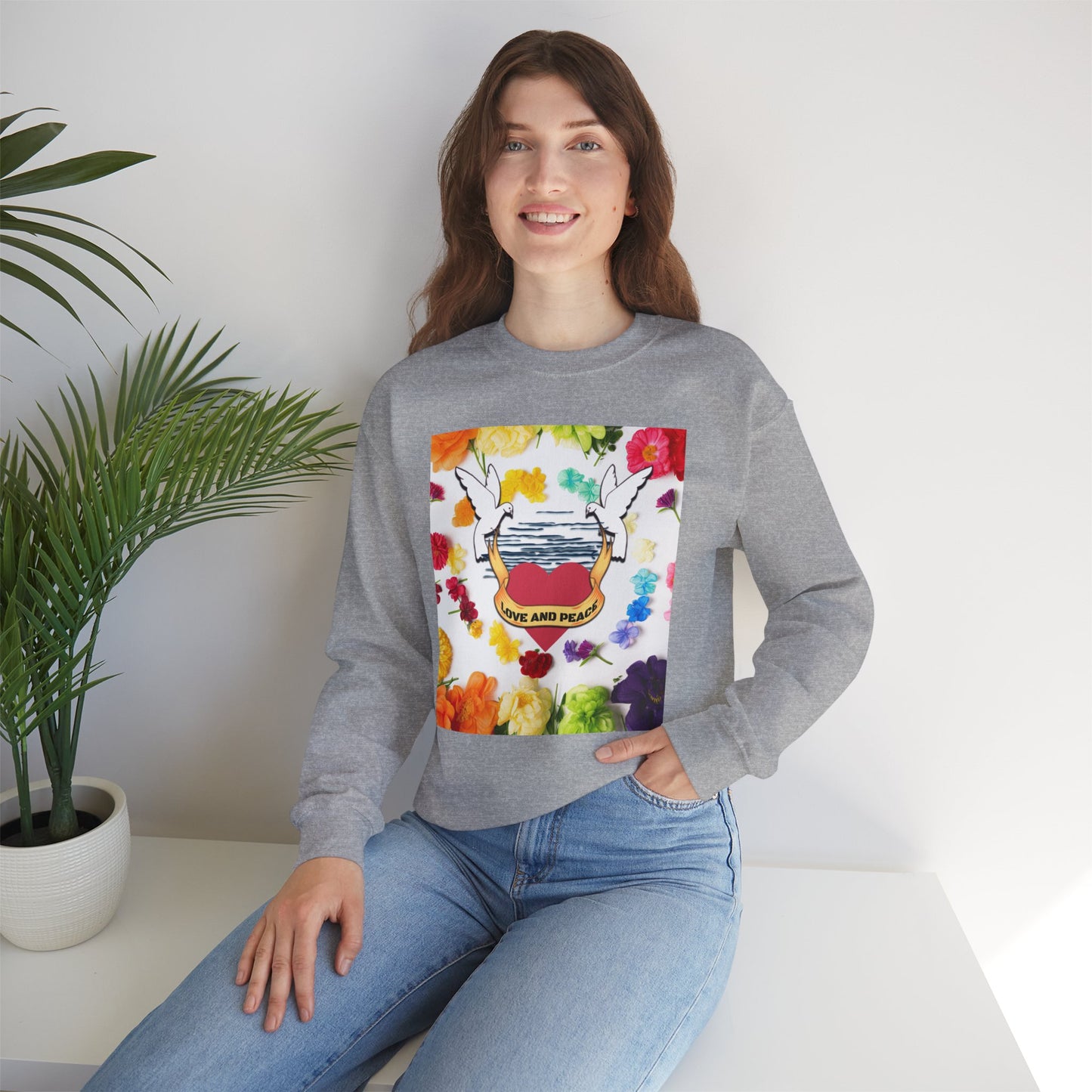 2 Doves With Banner "Love And Peace" Heavy Blend™ Crewneck Sweatshirt