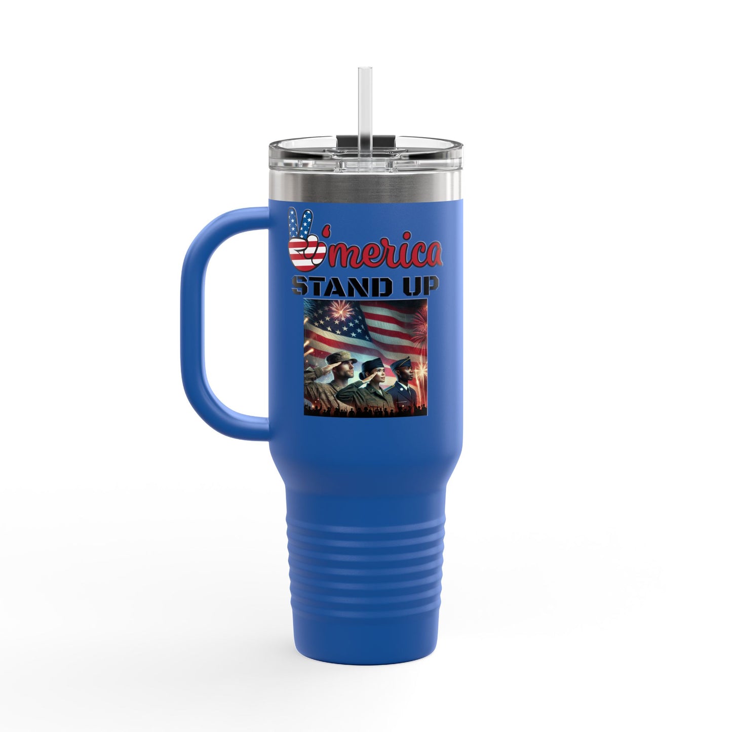 America Stand Up With Flag and 3 Solutes Insulated Travel Mug, 40oz