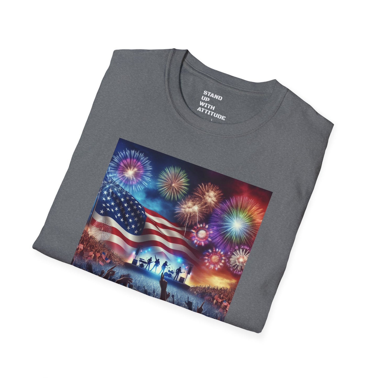 Crowd At Concert Cheering With American Flag And Fireworks Softstyle T-Shirt