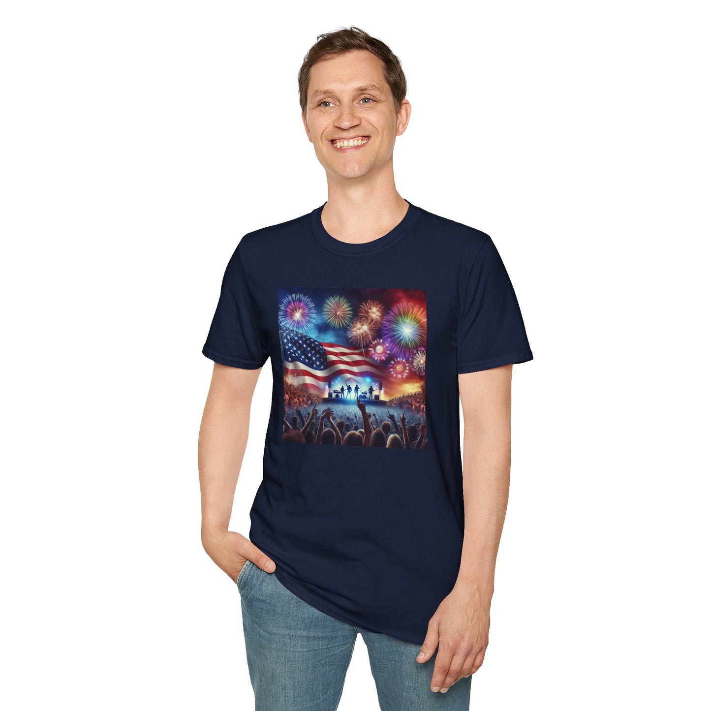 Crowd At Concert Cheering With American Flag And Fireworks Softstyle T-Shirt