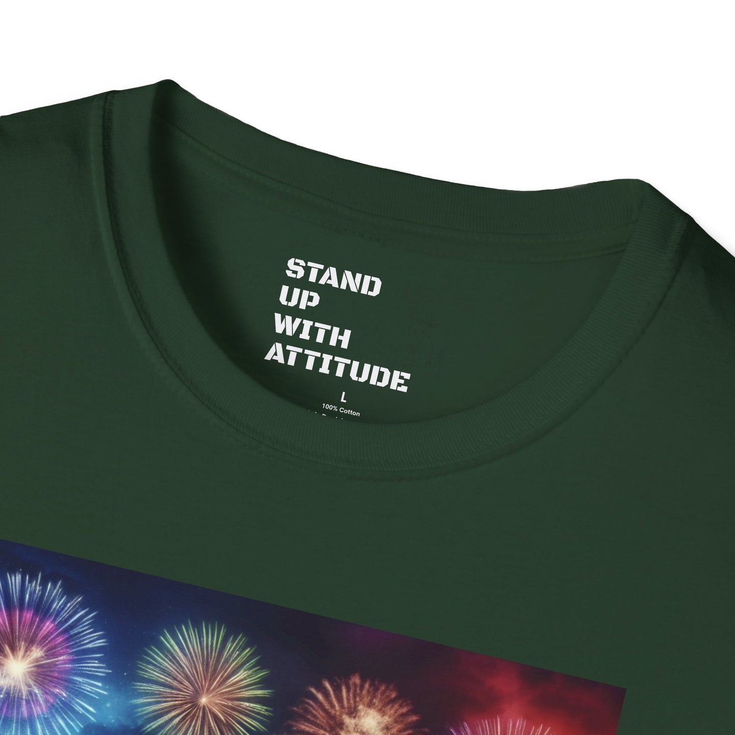 Crowd At Concert Cheering With American Flag And Fireworks Softstyle T-Shirt