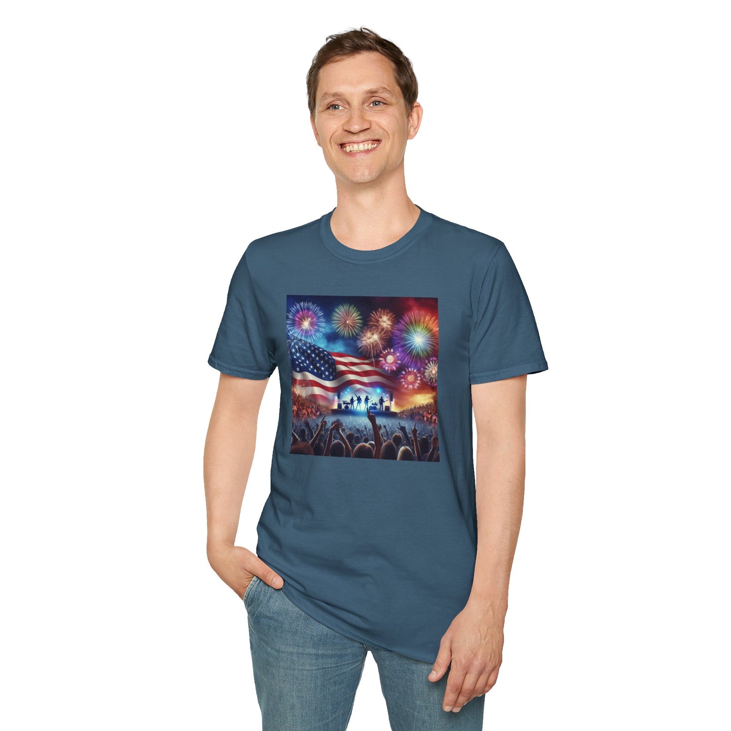 Crowd At Concert Cheering With American Flag And Fireworks Softstyle T-Shirt