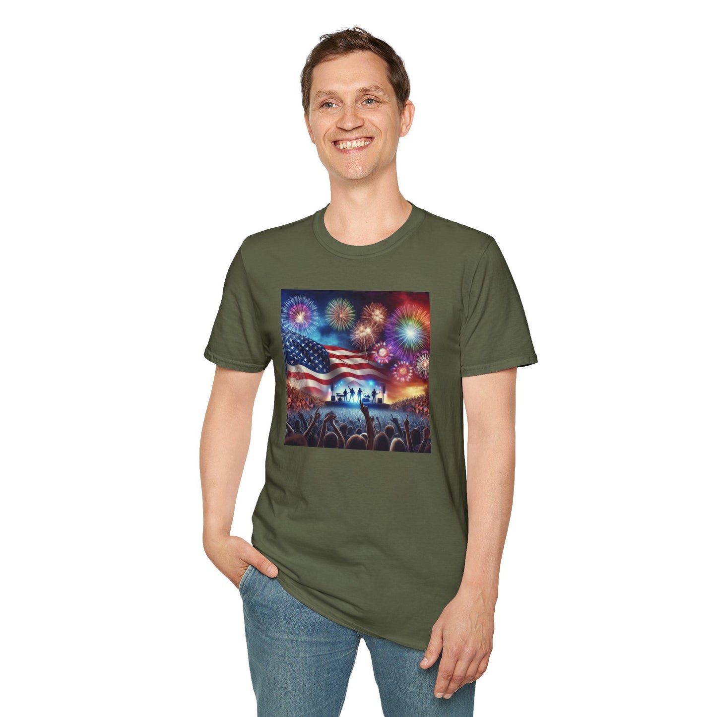 Crowd At Concert Cheering With American Flag And Fireworks Softstyle T-Shirt