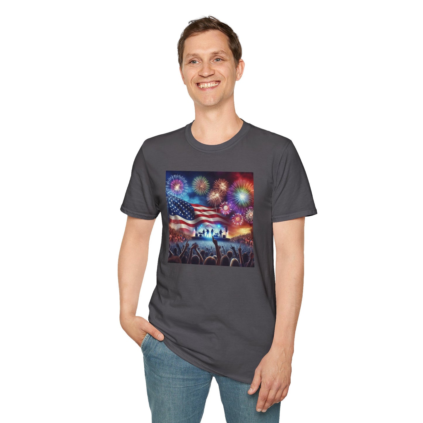 Crowd At Concert Cheering With American Flag And Fireworks Softstyle T-Shirt