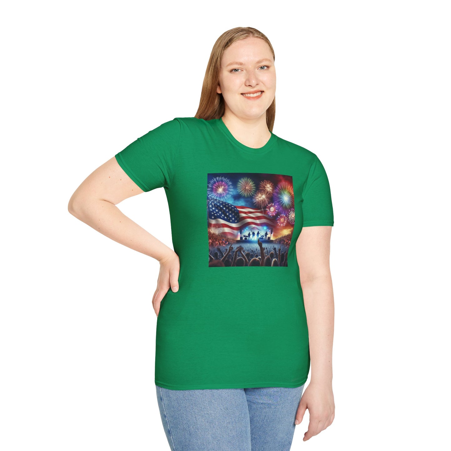 Crowd At Concert Cheering With American Flag And Fireworks Softstyle T-Shirt