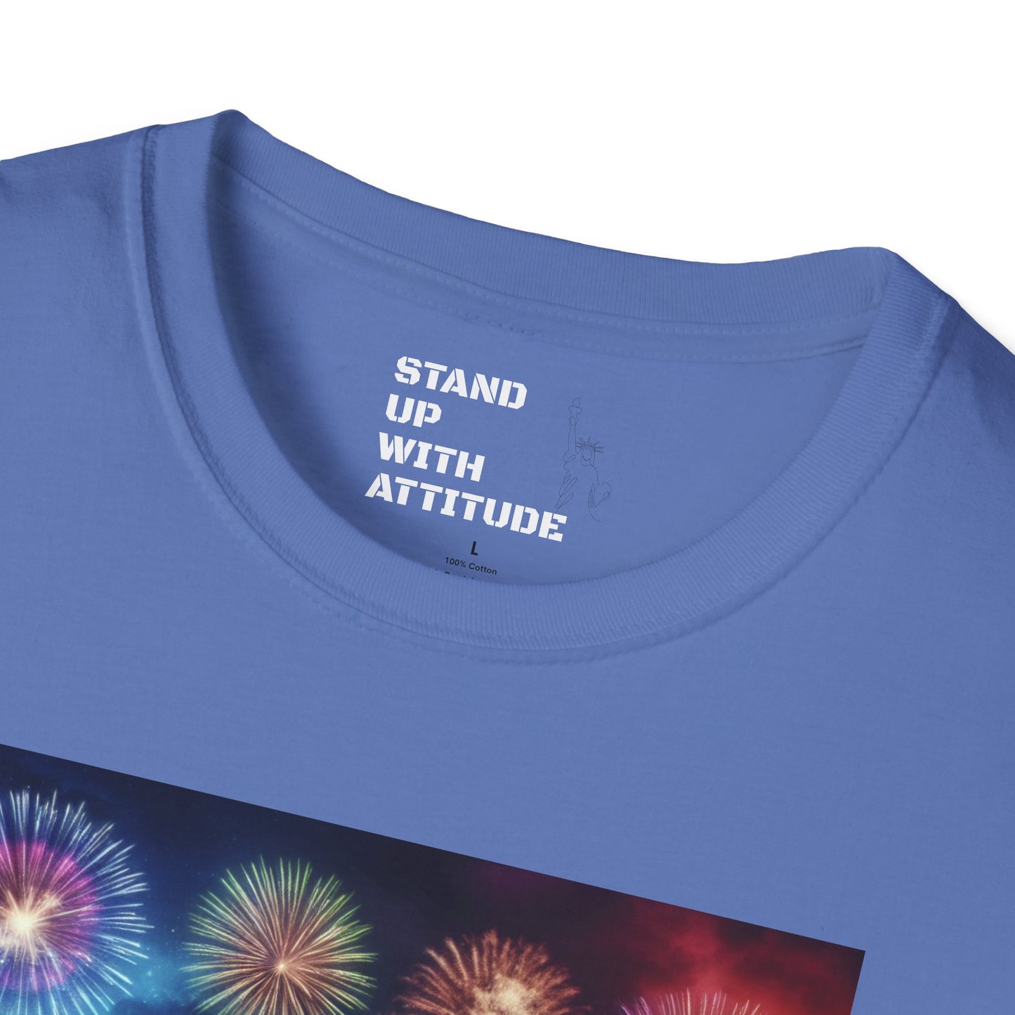 Crowd At Concert Cheering With American Flag And Fireworks Softstyle T-Shirt