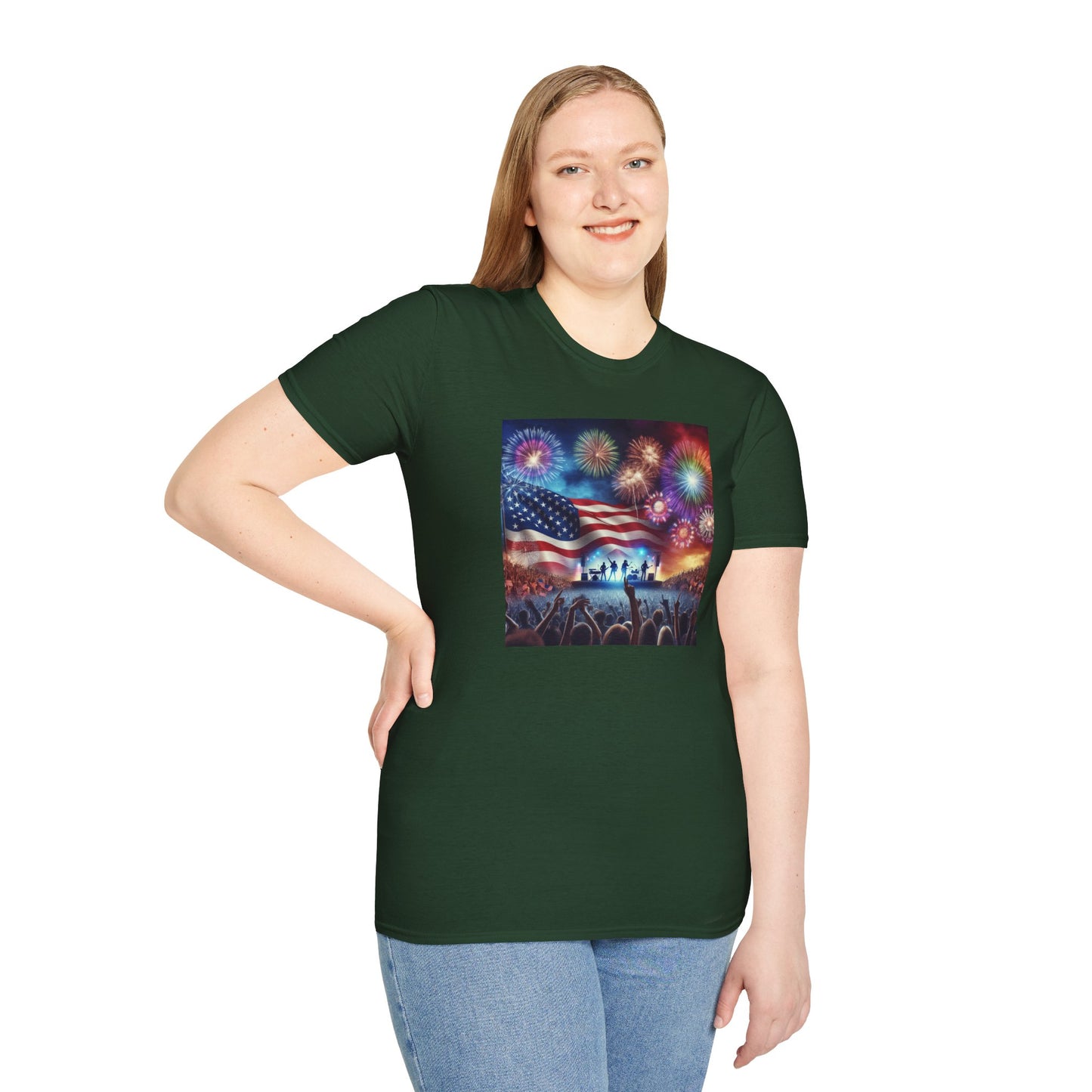 Crowd At Concert Cheering With American Flag And Fireworks Softstyle T-Shirt