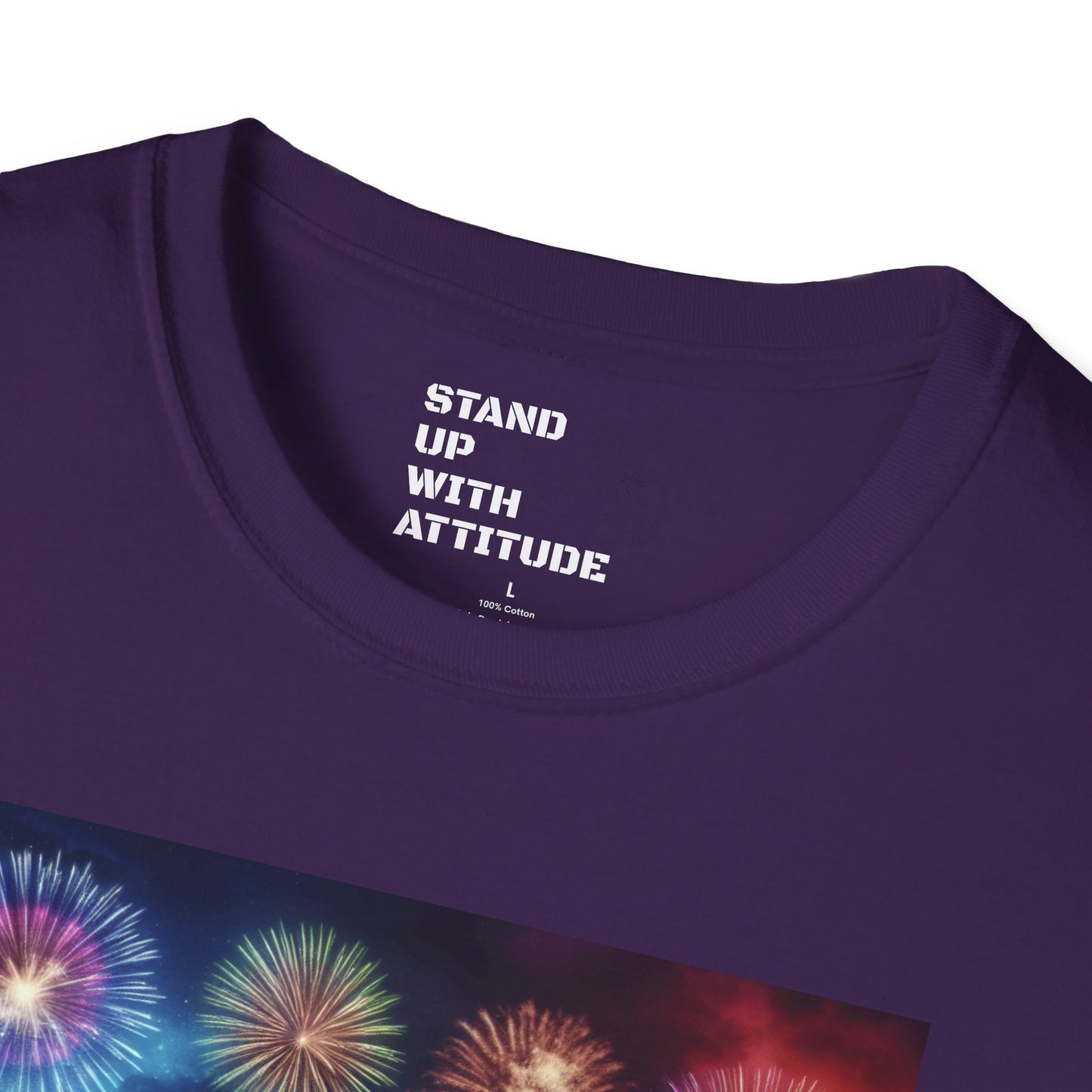 Crowd At Concert Cheering With American Flag And Fireworks Softstyle T-Shirt
