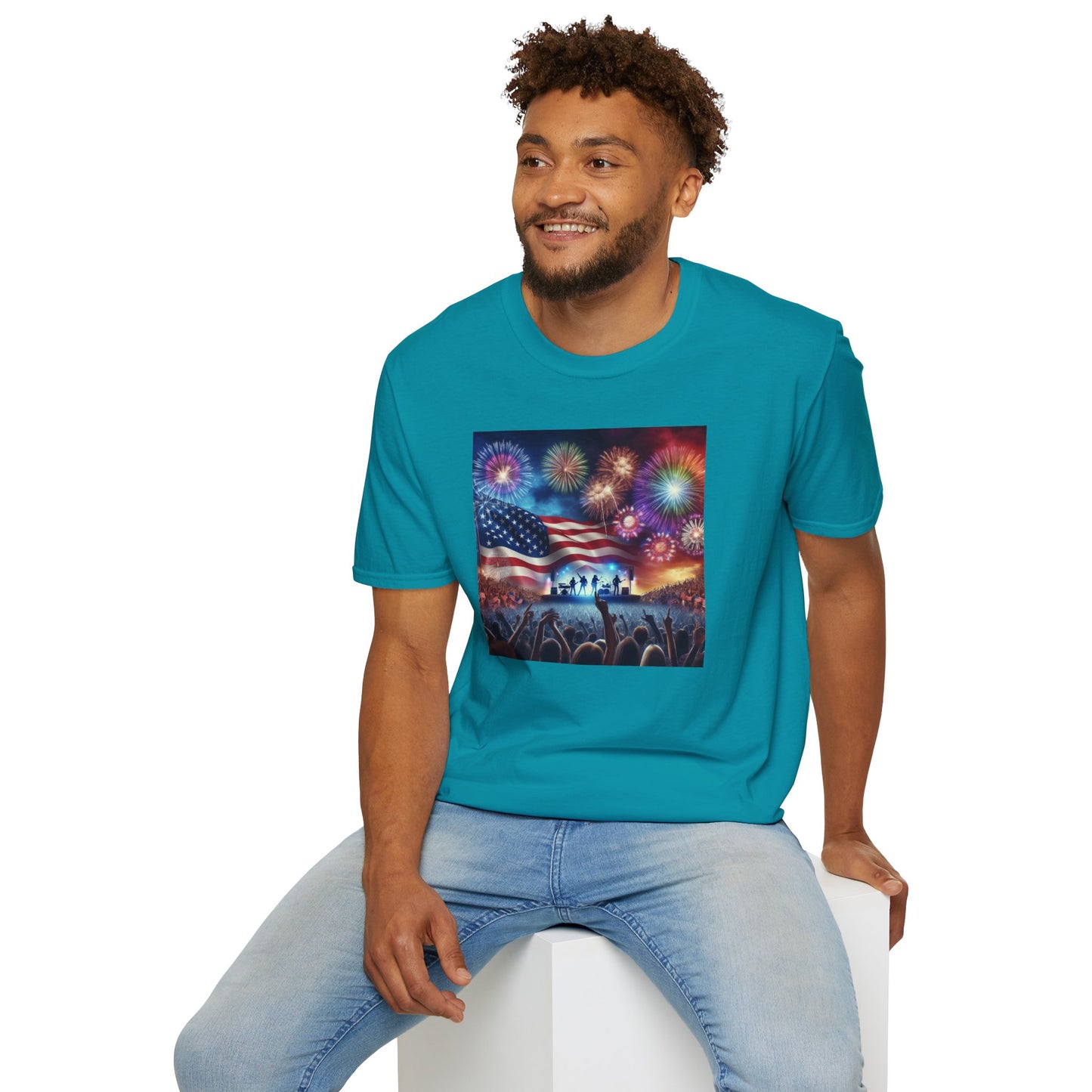Crowd At Concert Cheering With American Flag And Fireworks Softstyle T-Shirt