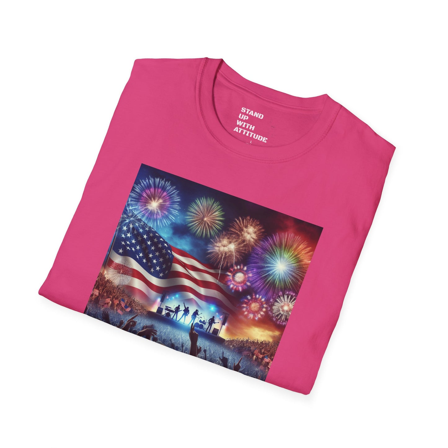 Crowd At Concert Cheering With American Flag And Fireworks Softstyle T-Shirt