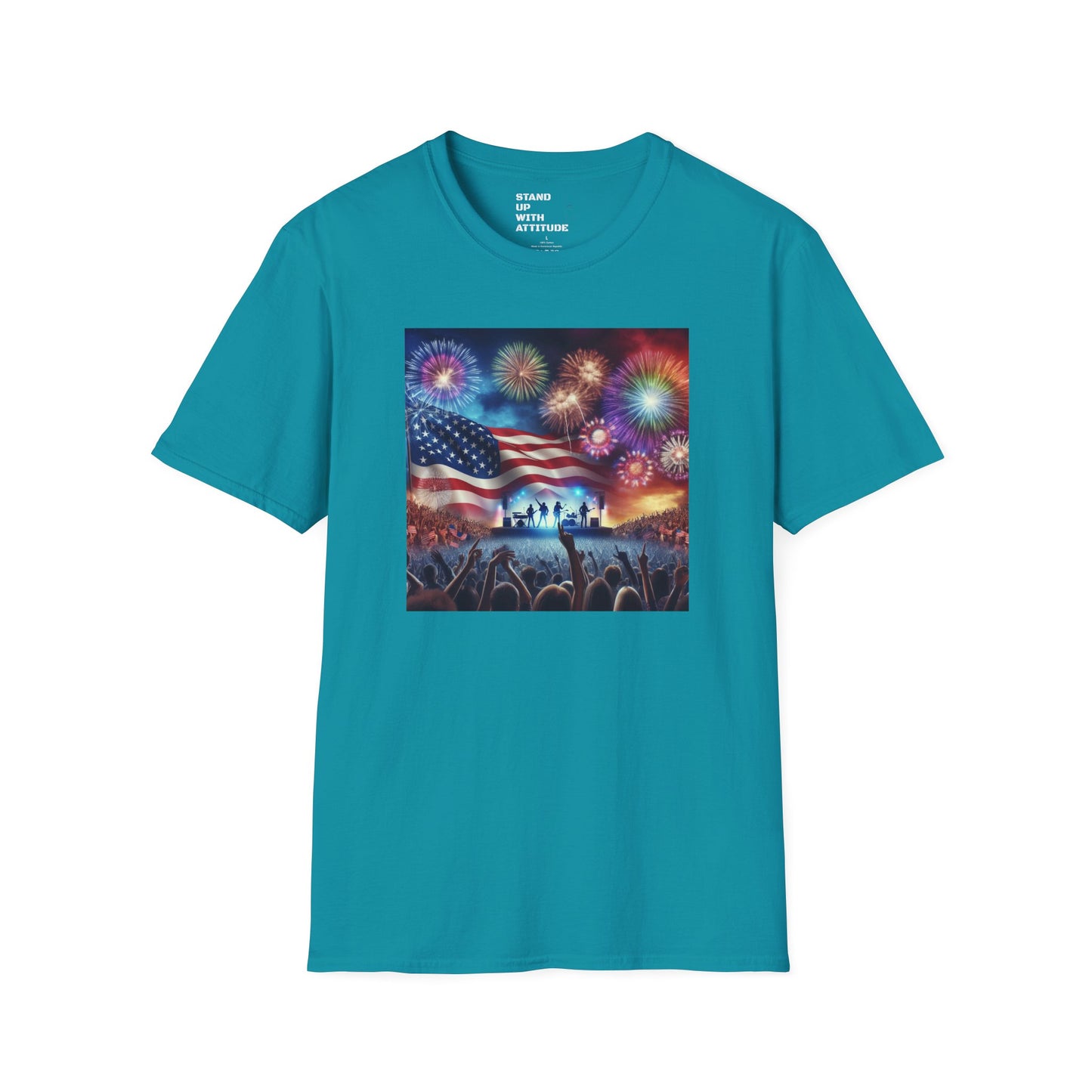 Crowd At Concert Cheering With American Flag And Fireworks Softstyle T-Shirt