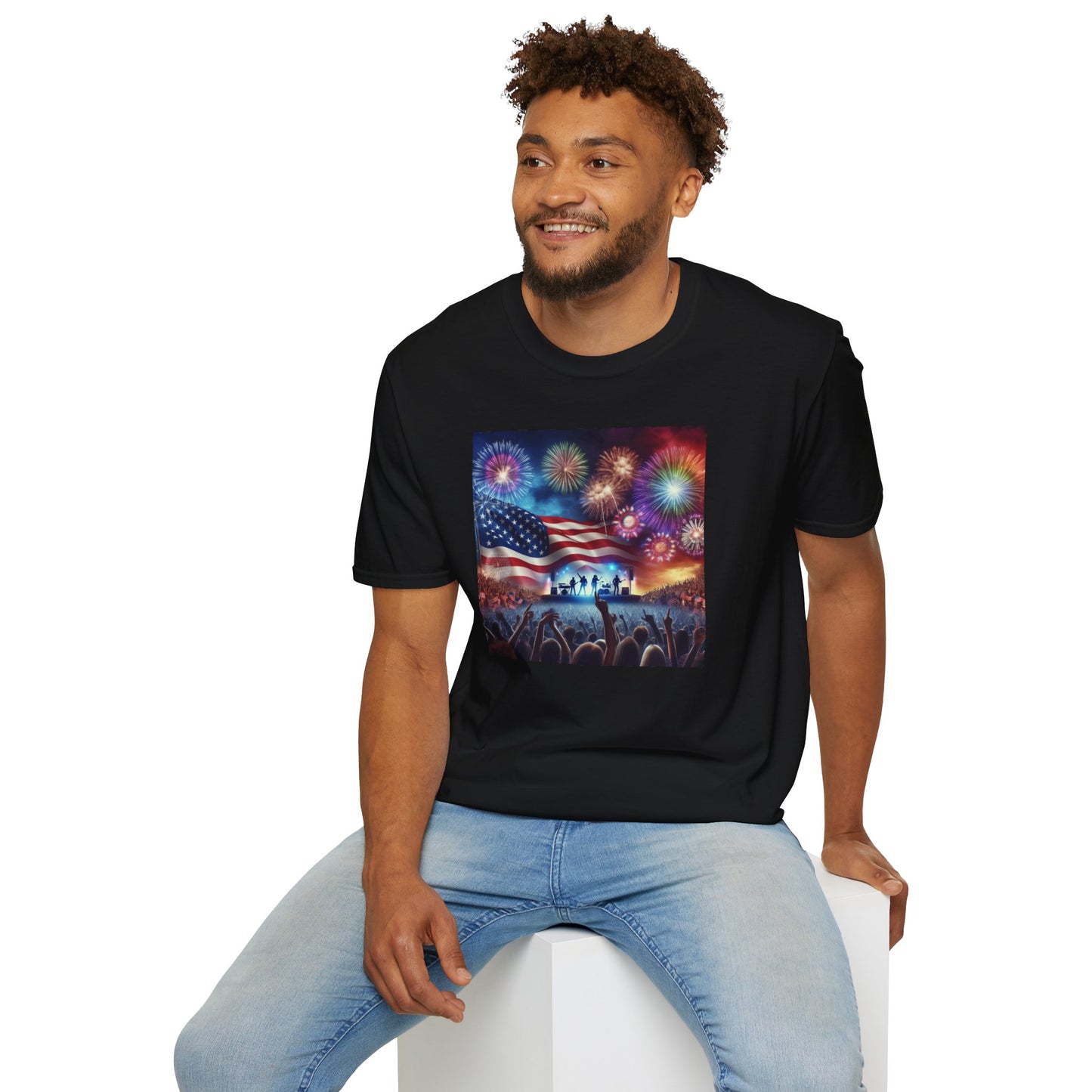 Crowd At Concert Cheering With American Flag And Fireworks Softstyle T-Shirt