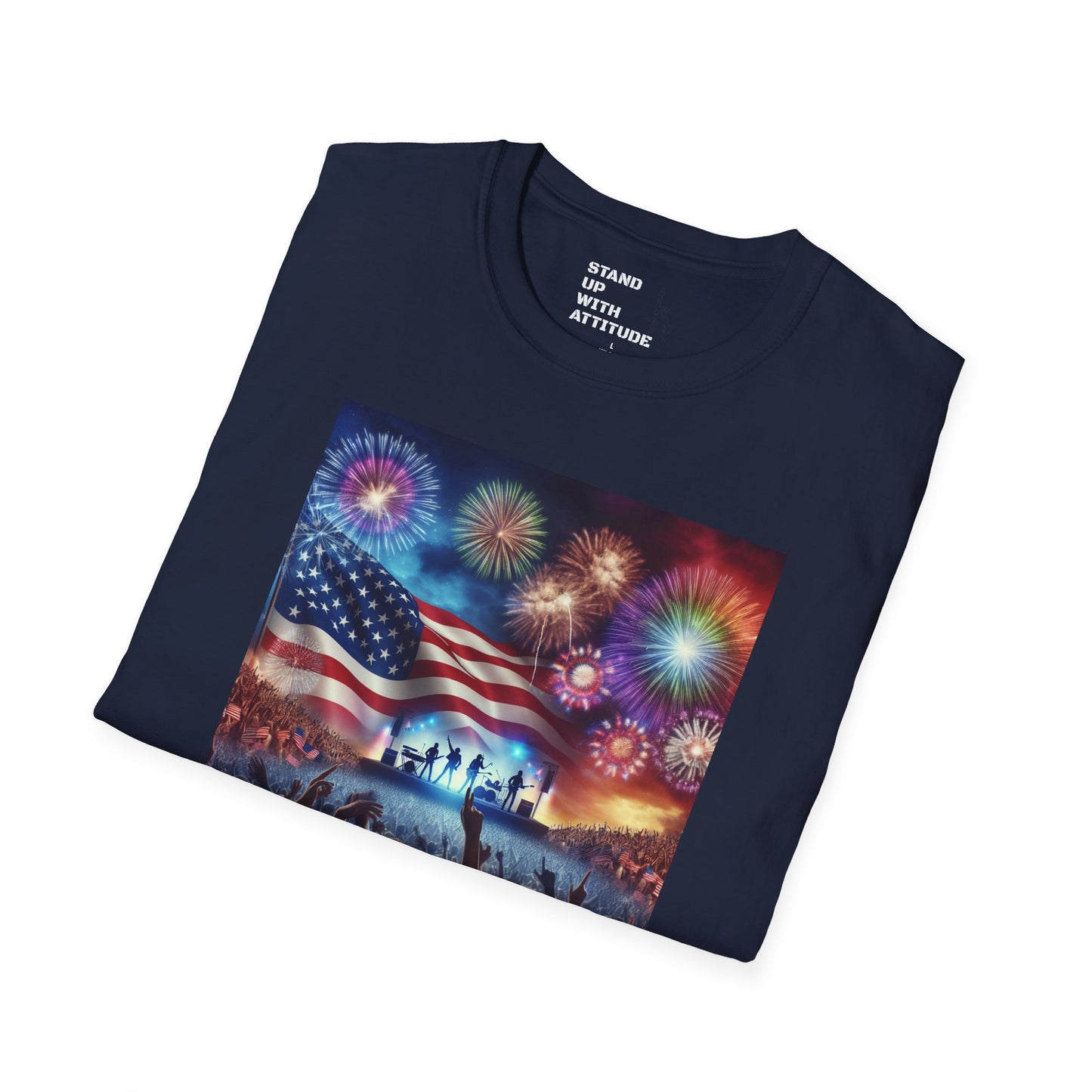 Crowd At Concert Cheering With American Flag And Fireworks Softstyle T-Shirt