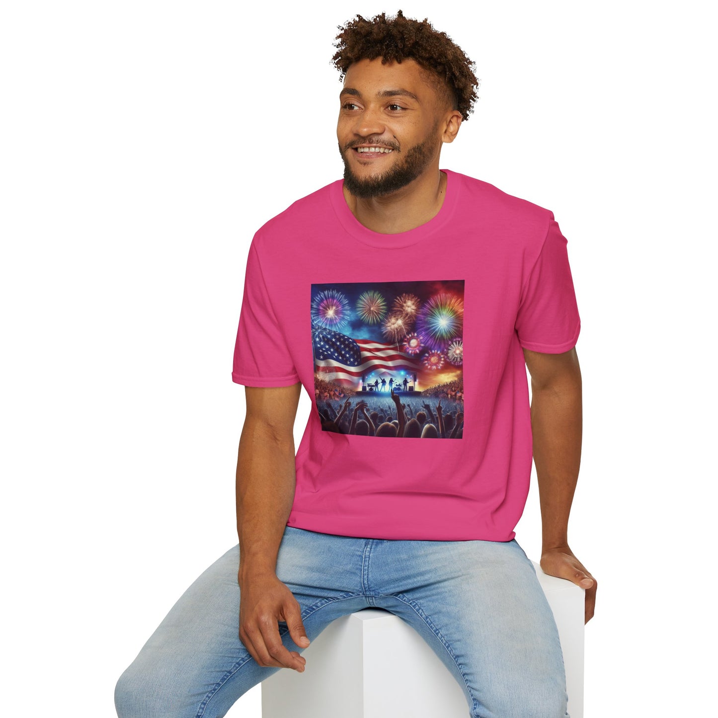 Crowd At Concert Cheering With American Flag And Fireworks Softstyle T-Shirt