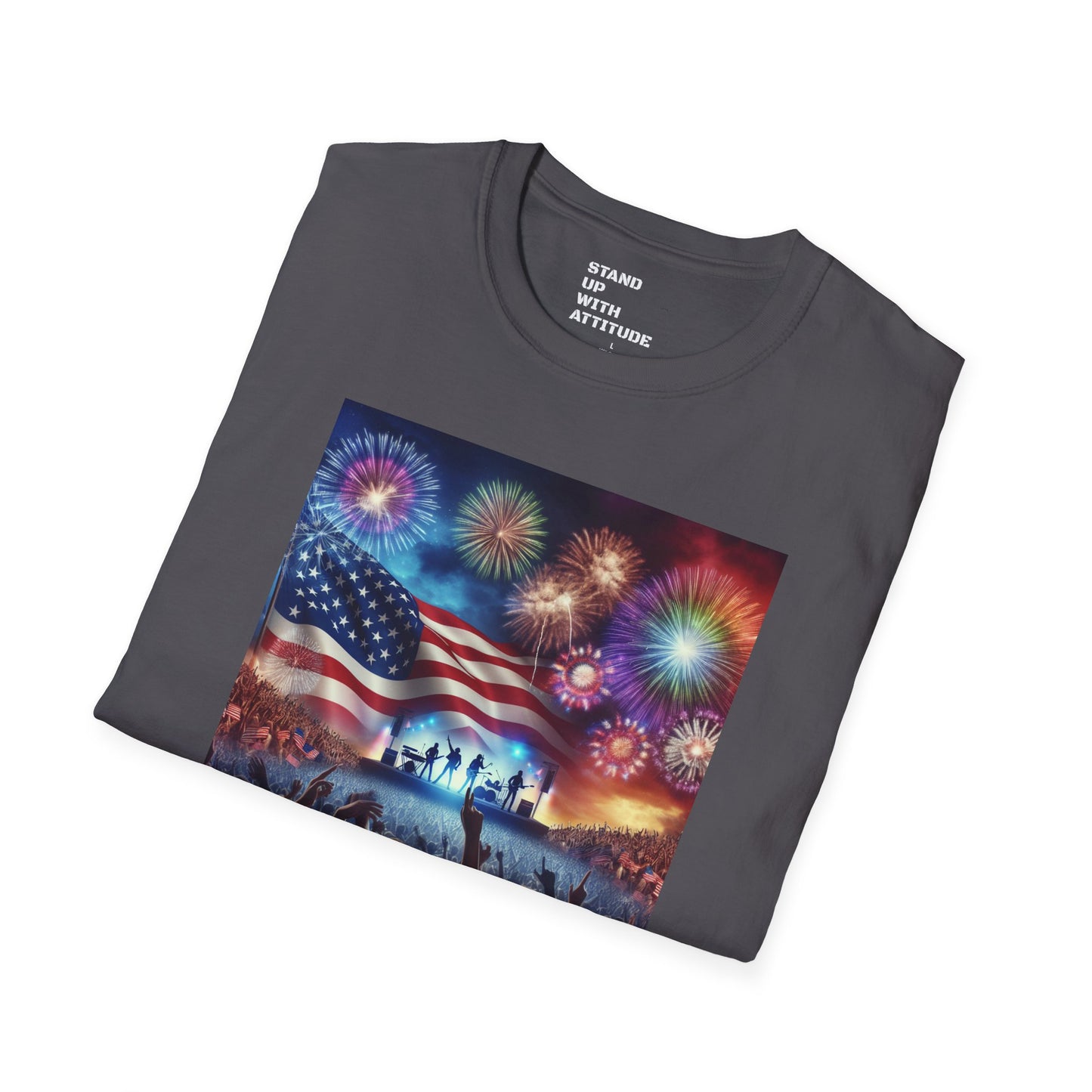 Crowd At Concert Cheering With American Flag And Fireworks Softstyle T-Shirt