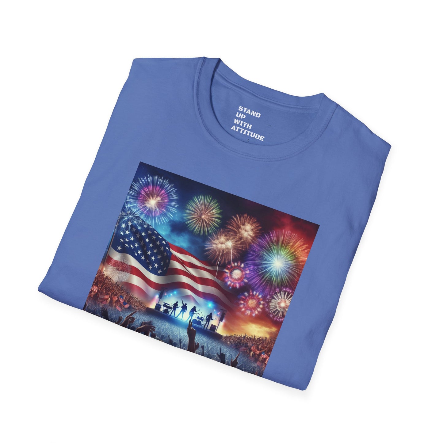 Crowd At Concert Cheering With American Flag And Fireworks Softstyle T-Shirt