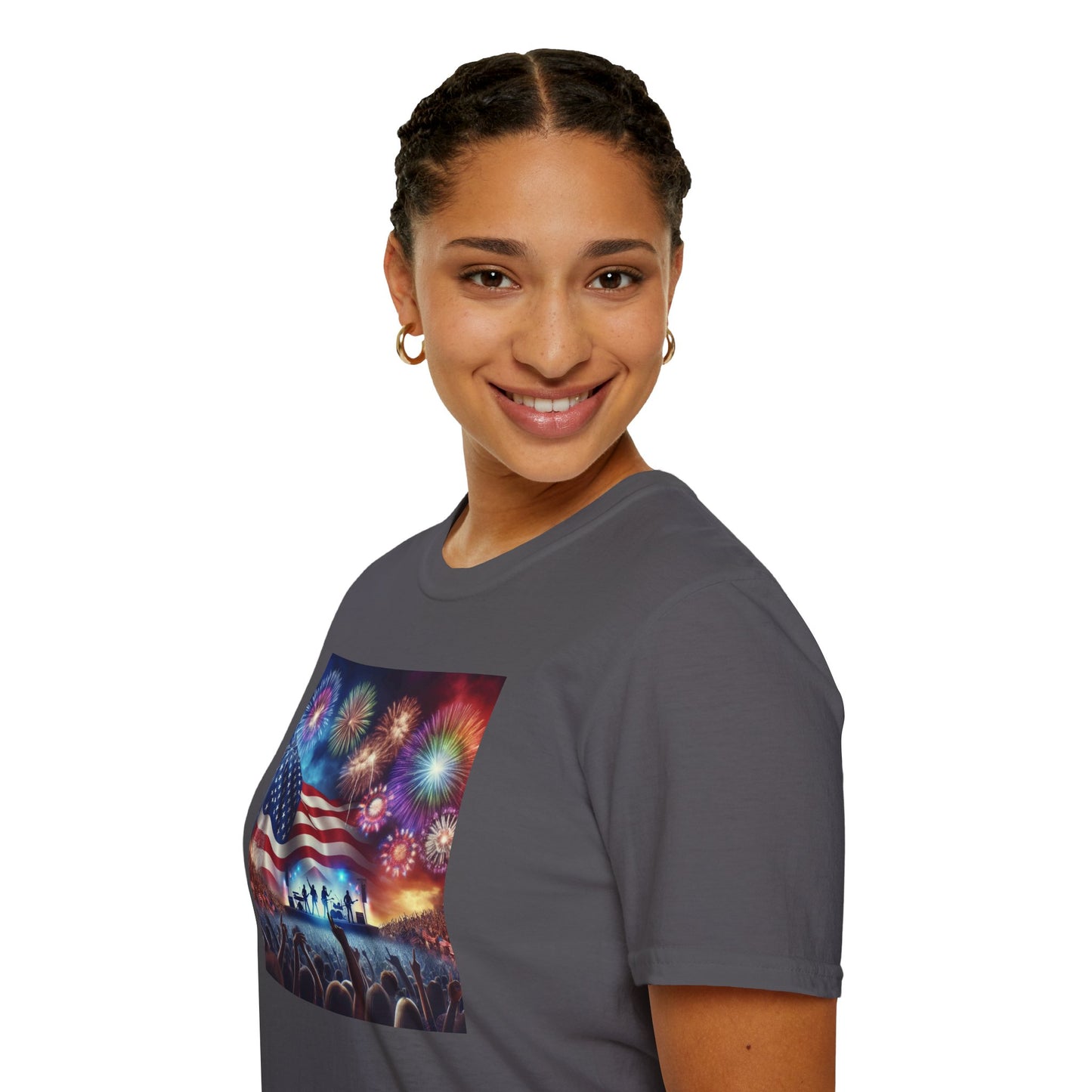Crowd At Concert Cheering With American Flag And Fireworks Softstyle T-Shirt
