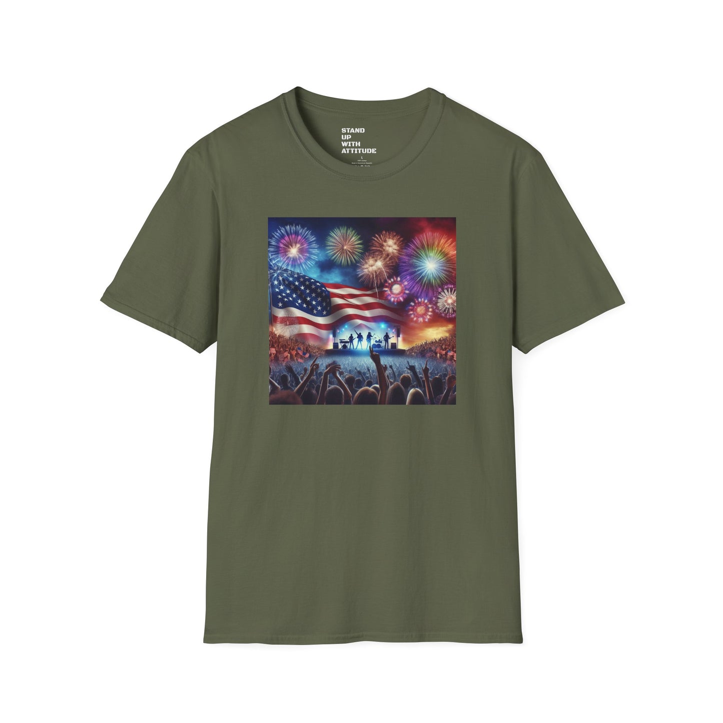 Crowd At Concert Cheering With American Flag And Fireworks Softstyle T-Shirt