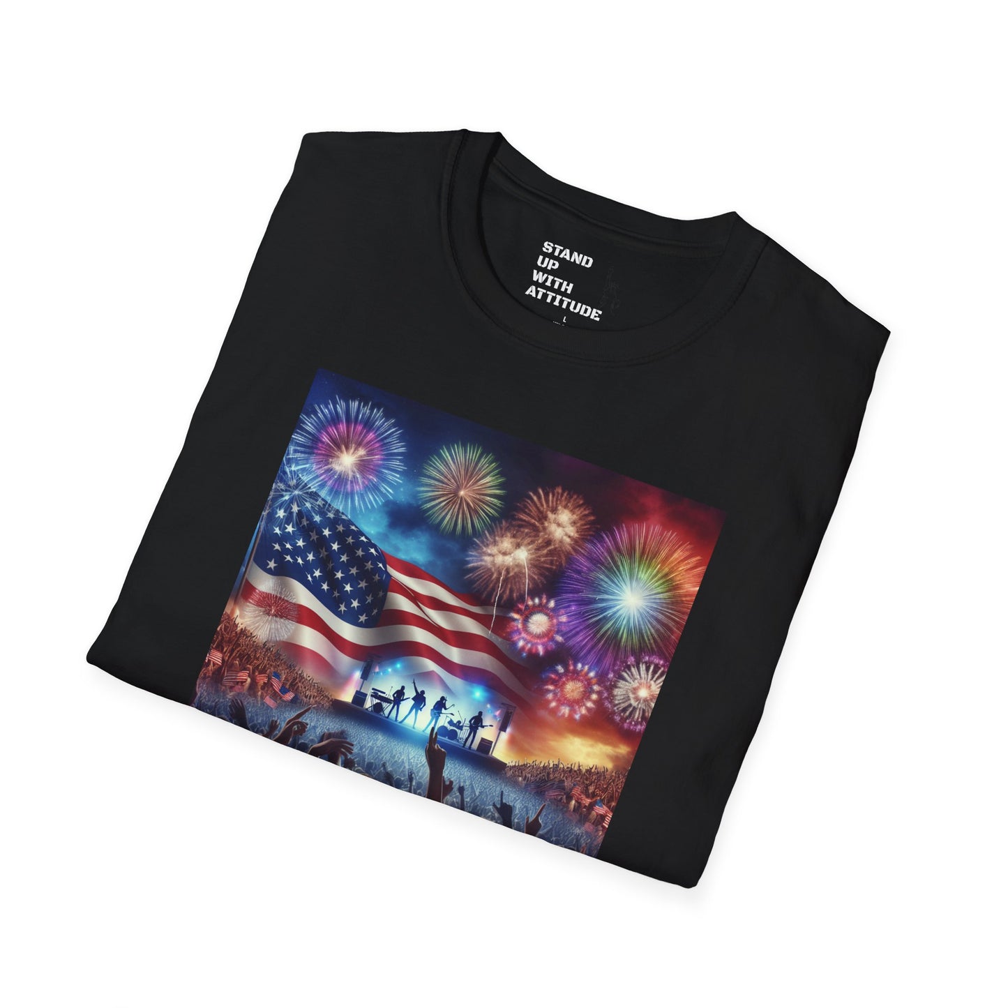 Crowd At Concert Cheering With American Flag And Fireworks Softstyle T-Shirt