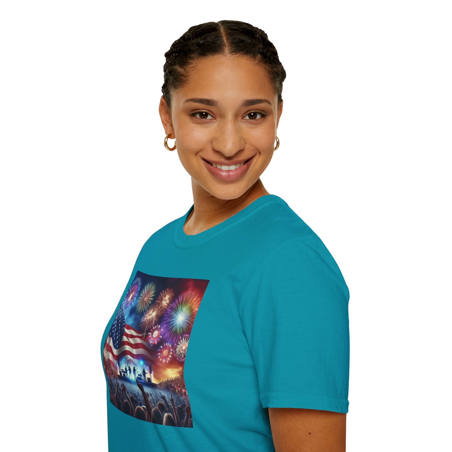 Crowd At Concert Cheering With American Flag And Fireworks Softstyle T-Shirt
