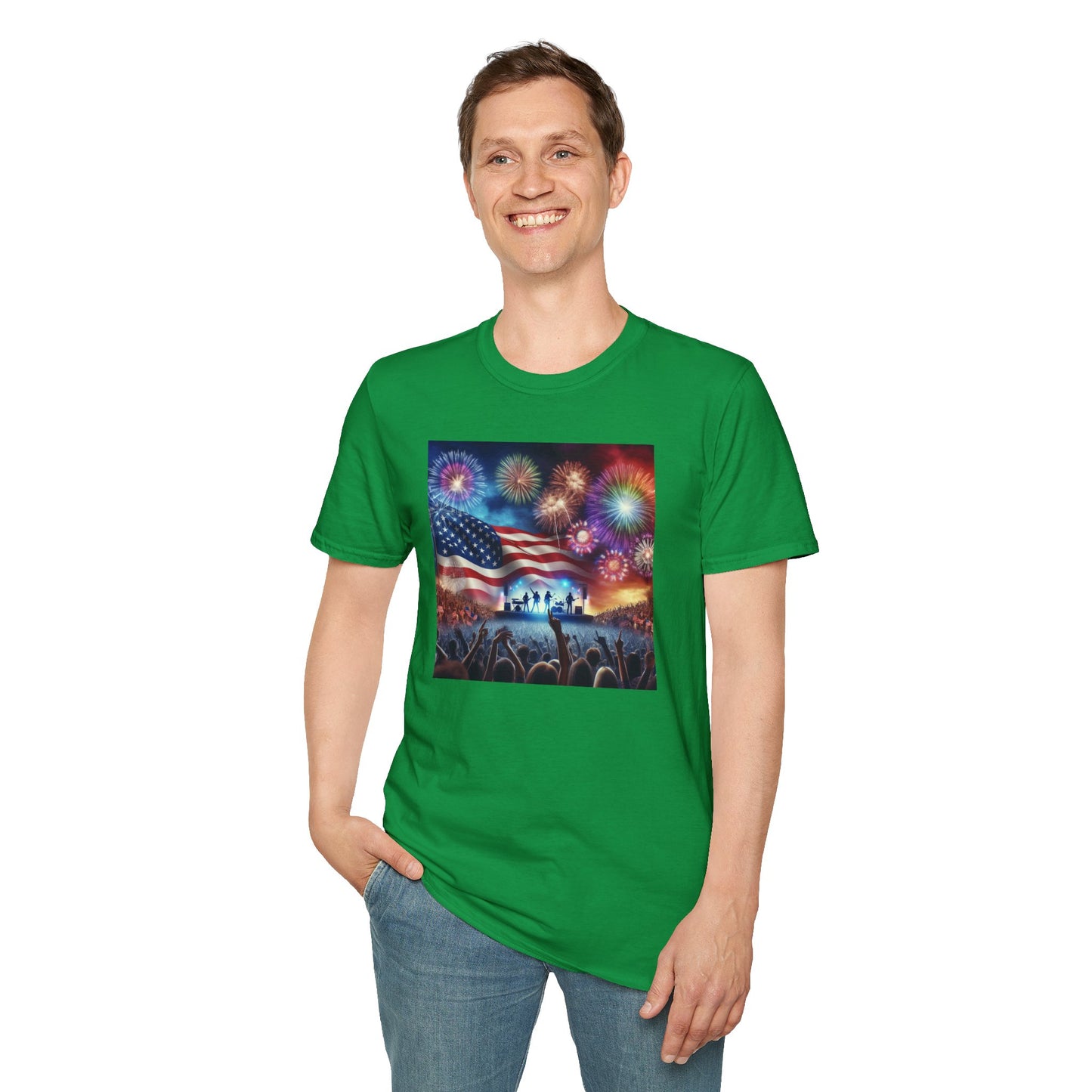 Crowd At Concert Cheering With American Flag And Fireworks Softstyle T-Shirt