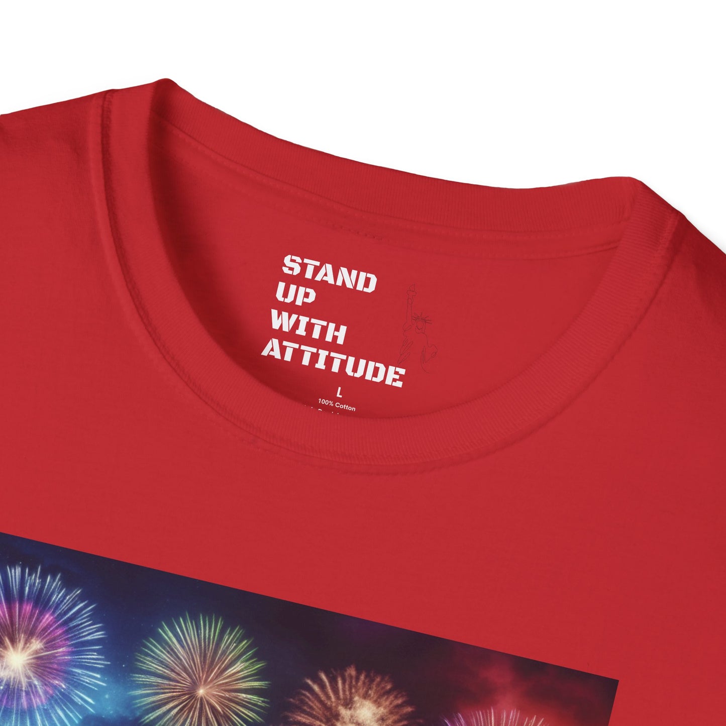 Crowd At Concert Cheering With American Flag And Fireworks Softstyle T-Shirt