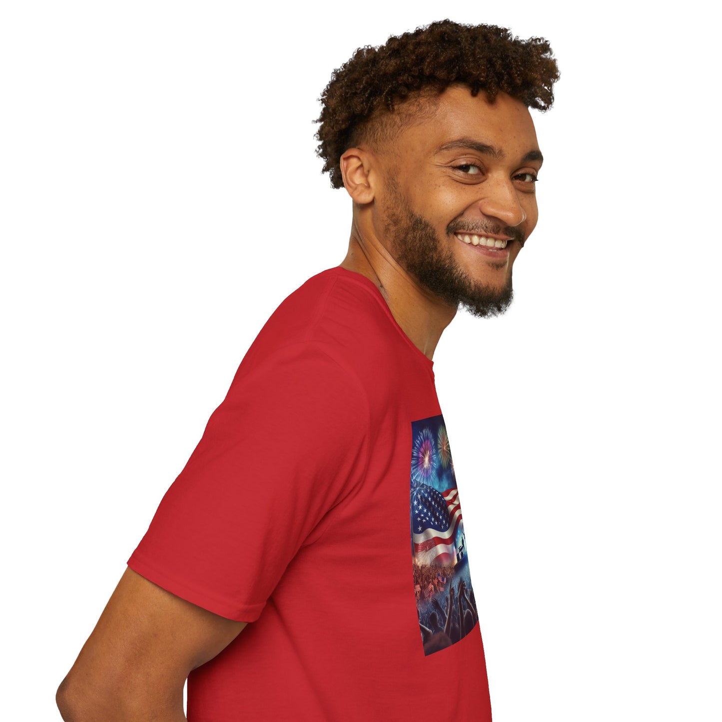 Crowd At Concert Cheering With American Flag And Fireworks Softstyle T-Shirt