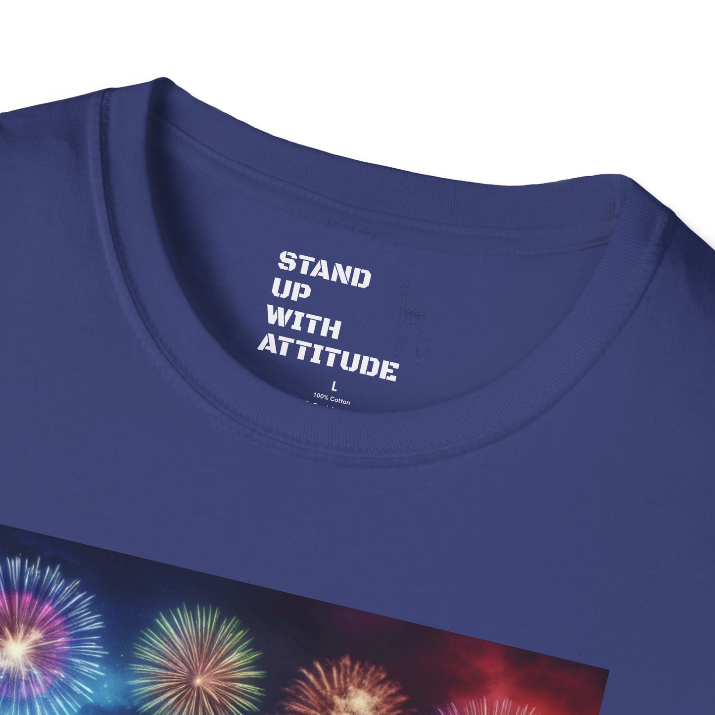 Crowd At Concert Cheering With American Flag And Fireworks Softstyle T-Shirt