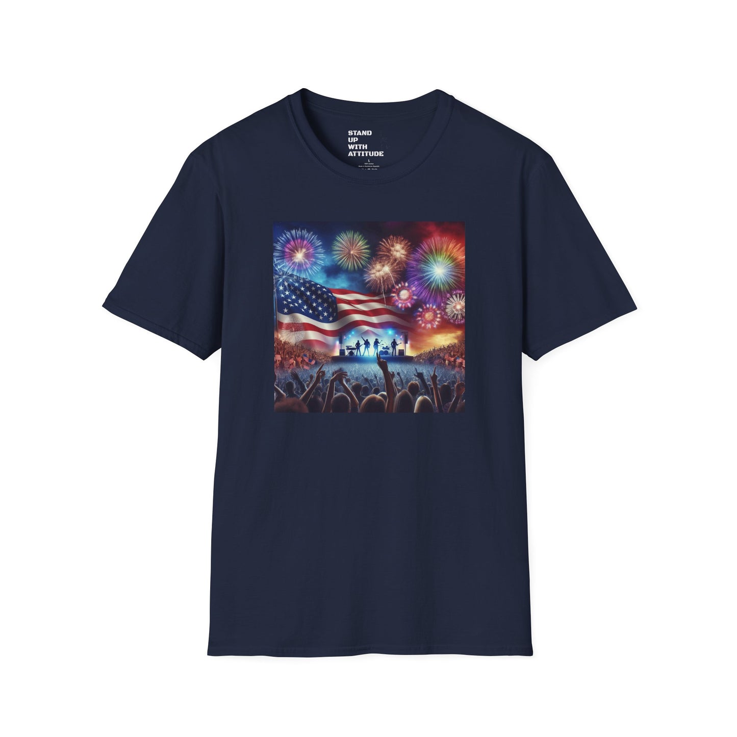 Crowd At Concert Cheering With American Flag And Fireworks Softstyle T-Shirt