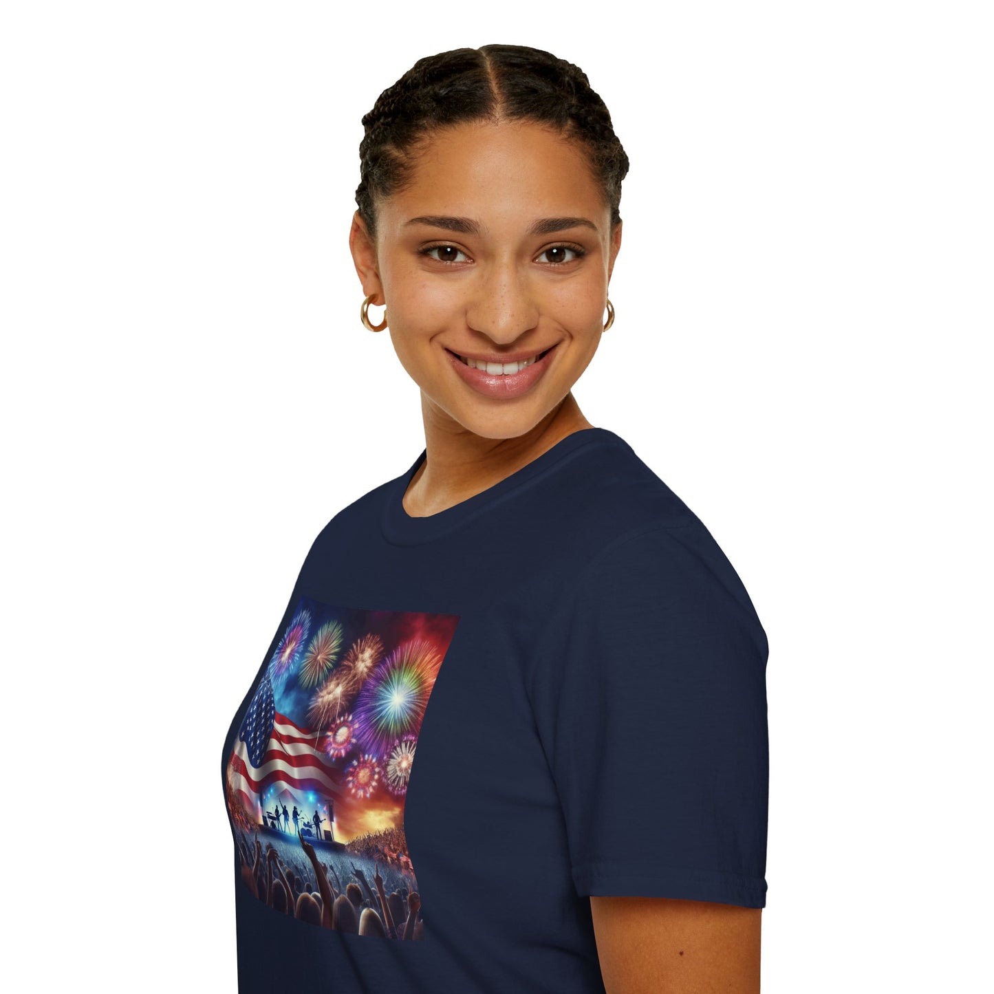 Crowd At Concert Cheering With American Flag And Fireworks Softstyle T-Shirt
