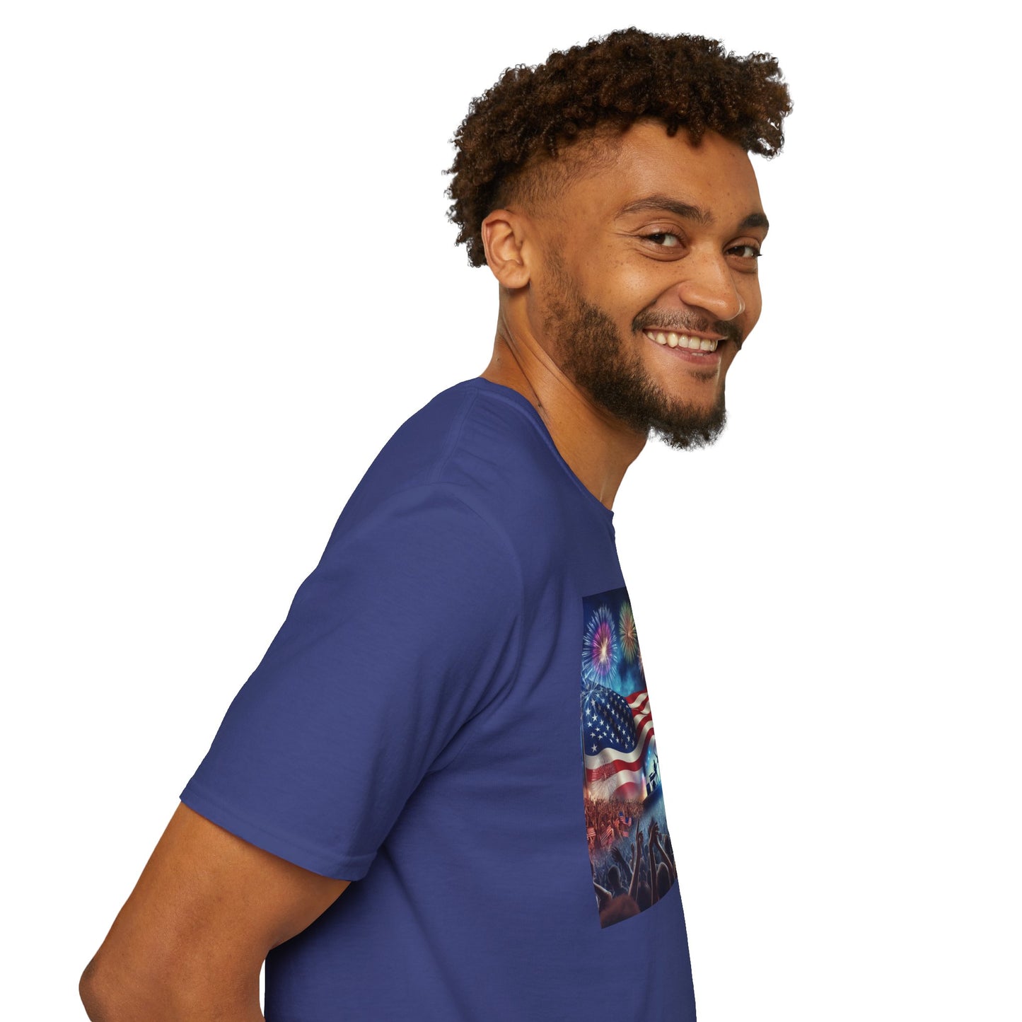 Crowd At Concert Cheering With American Flag And Fireworks Softstyle T-Shirt