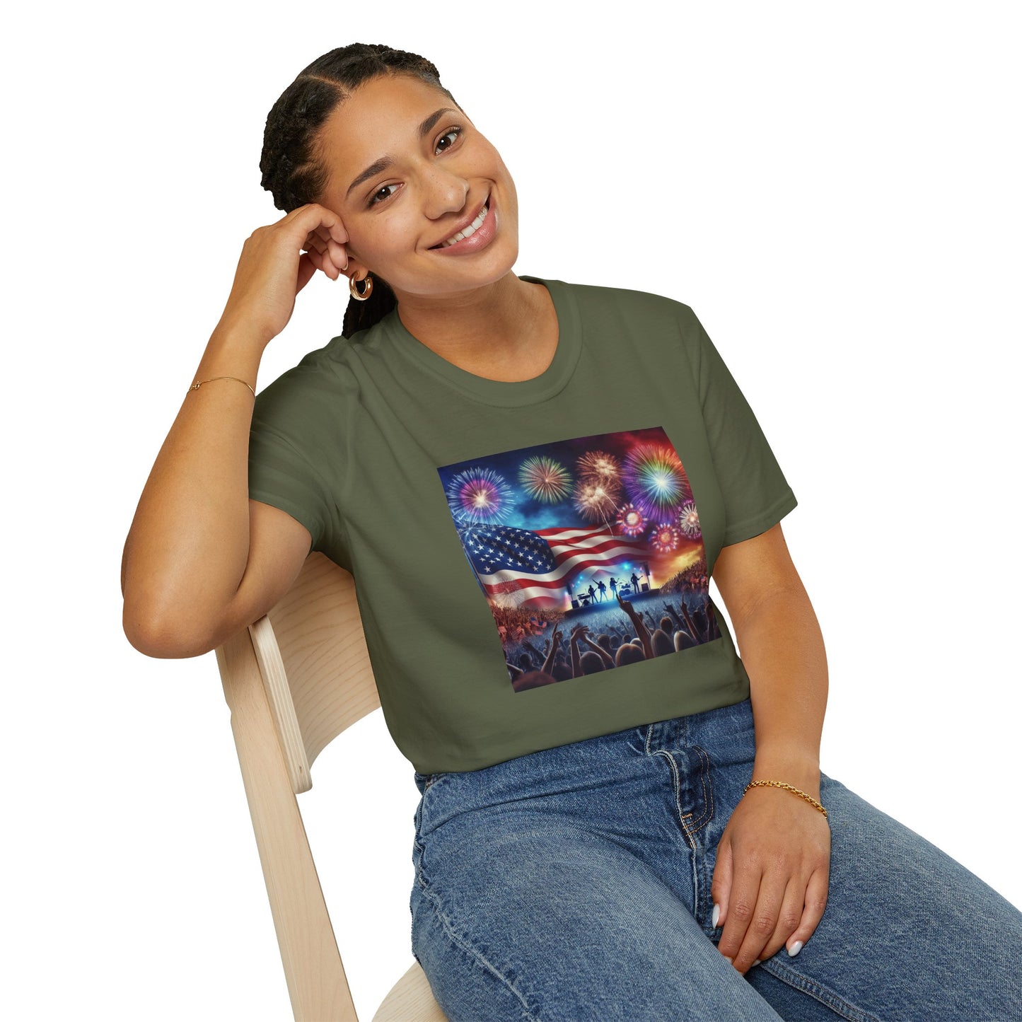 Crowd At Concert Cheering With American Flag And Fireworks Softstyle T-Shirt