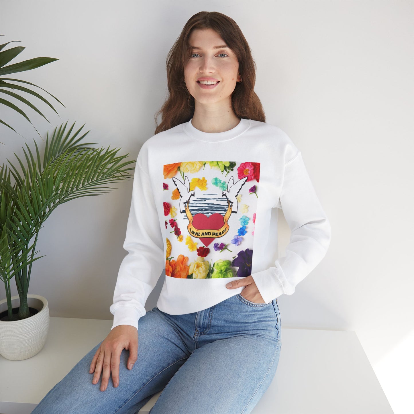 2 Doves With Banner "Love And Peace" Heavy Blend™ Crewneck Sweatshirt