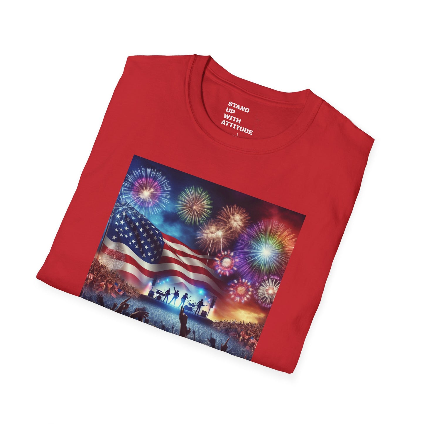 Crowd At Concert Cheering With American Flag And Fireworks Softstyle T-Shirt