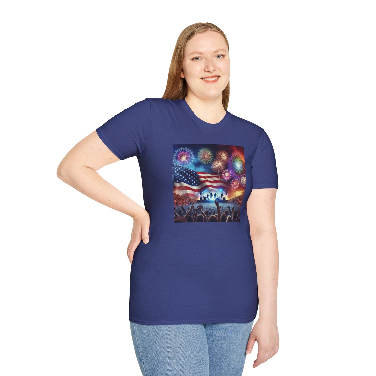 Crowd At Concert Cheering With American Flag And Fireworks Softstyle T-Shirt