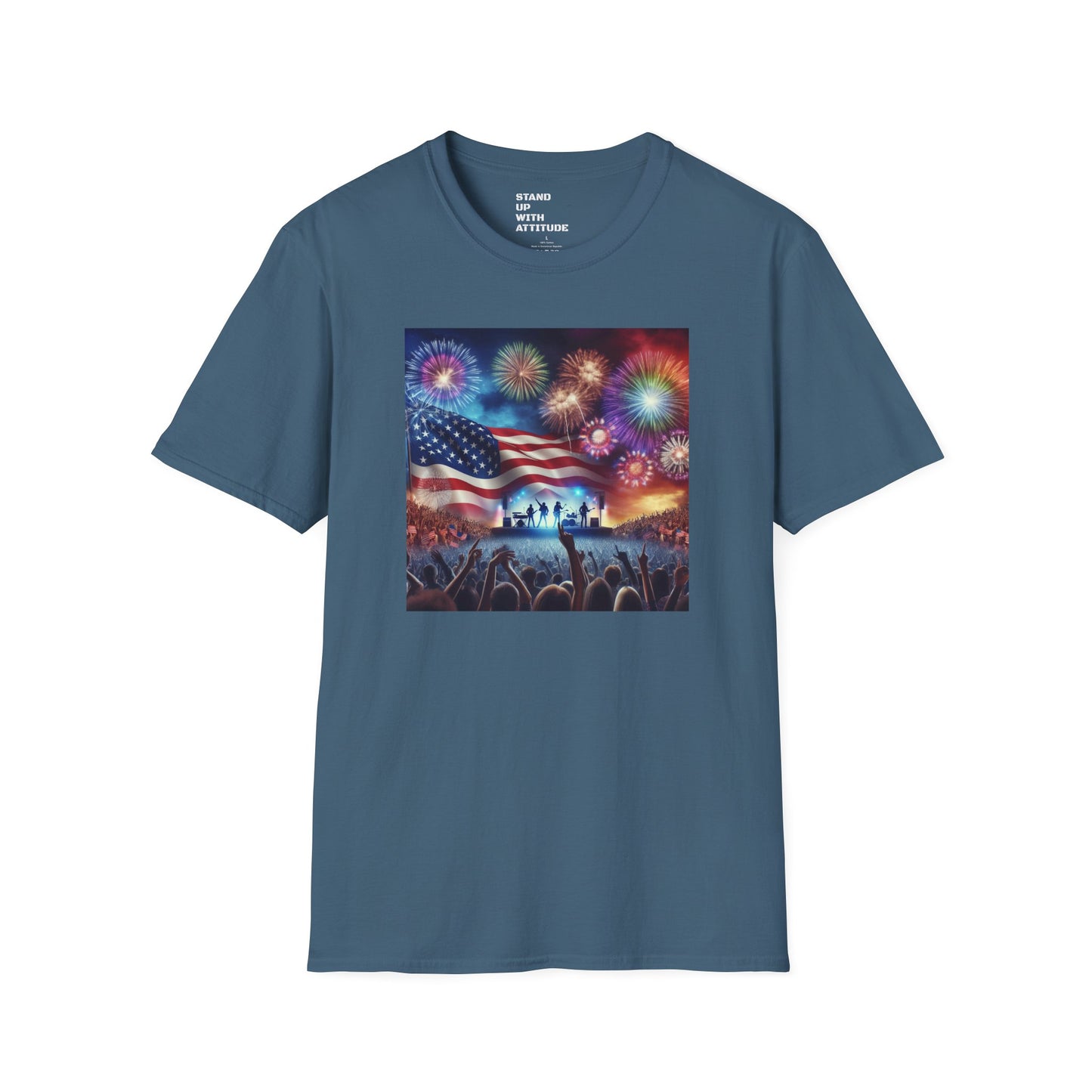 Crowd At Concert Cheering With American Flag And Fireworks Softstyle T-Shirt