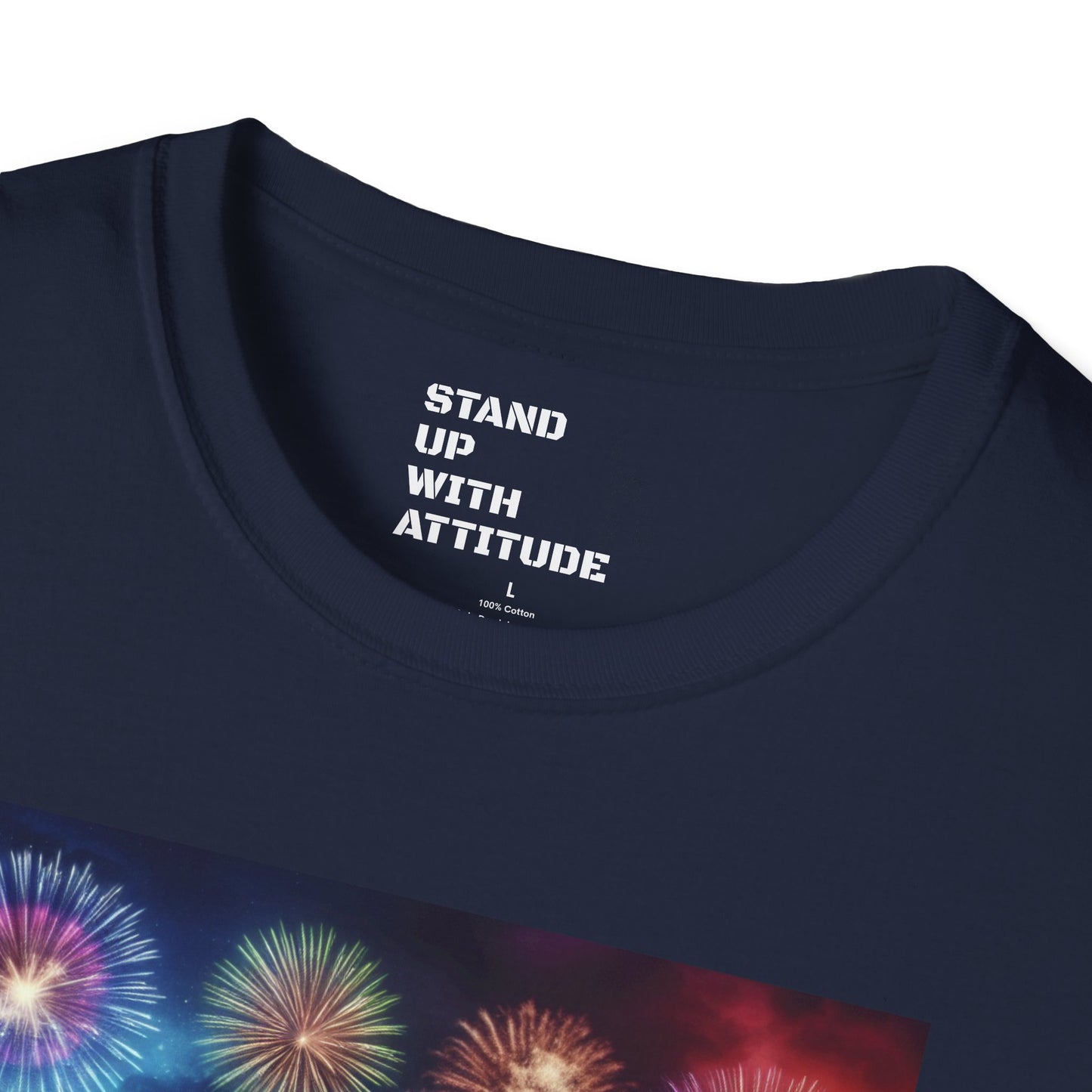 Crowd At Concert Cheering With American Flag And Fireworks Softstyle T-Shirt