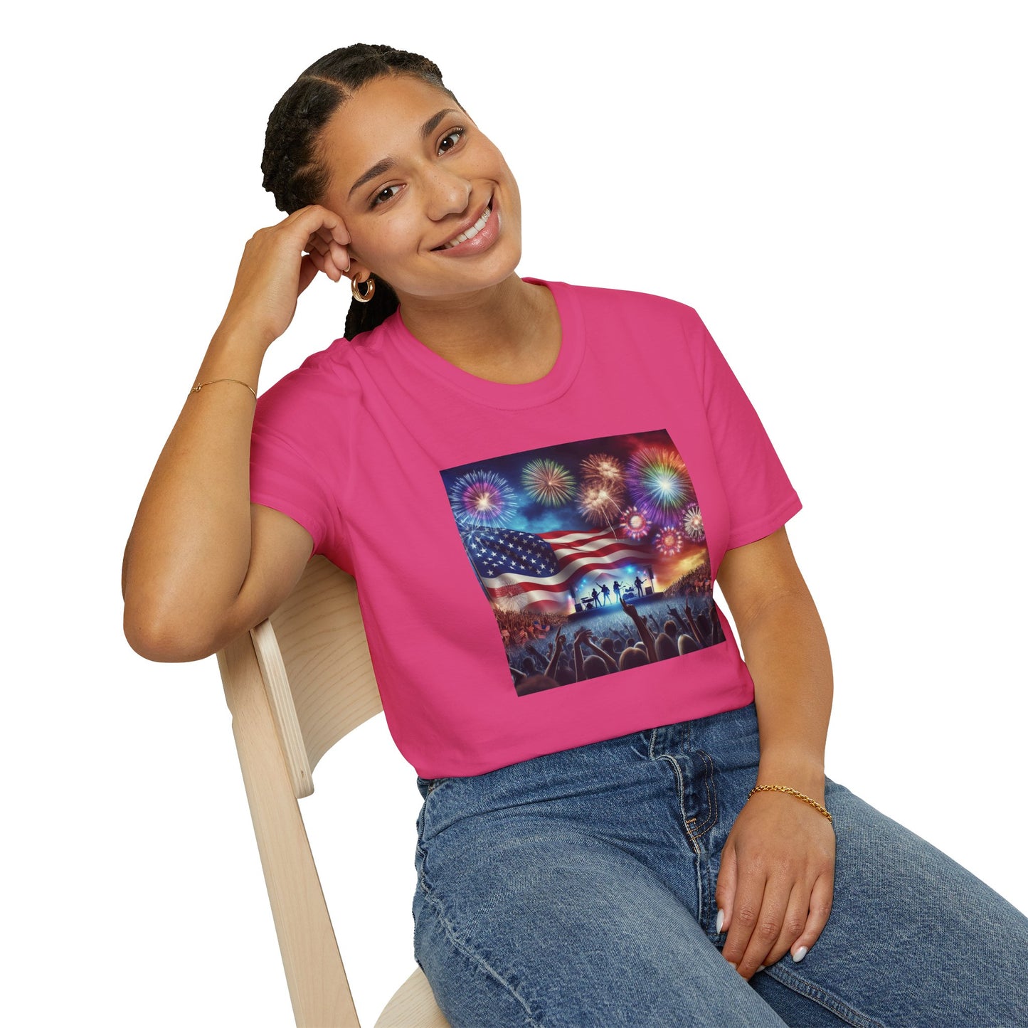 Crowd At Concert Cheering With American Flag And Fireworks Softstyle T-Shirt