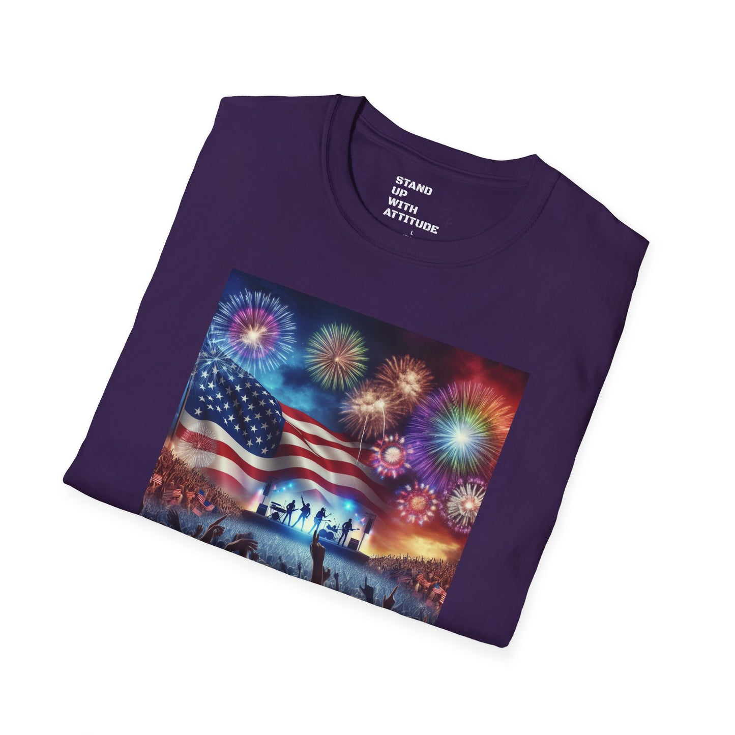 Crowd At Concert Cheering With American Flag And Fireworks Softstyle T-Shirt