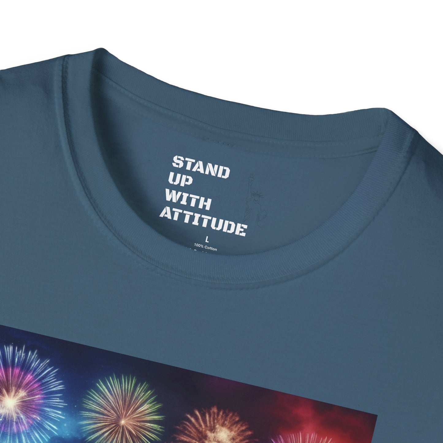 Crowd At Concert Cheering With American Flag And Fireworks Softstyle T-Shirt