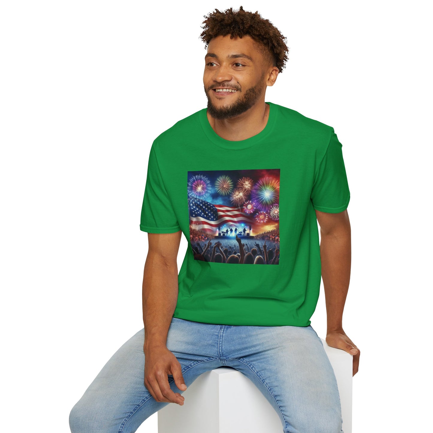 Crowd At Concert Cheering With American Flag And Fireworks Softstyle T-Shirt