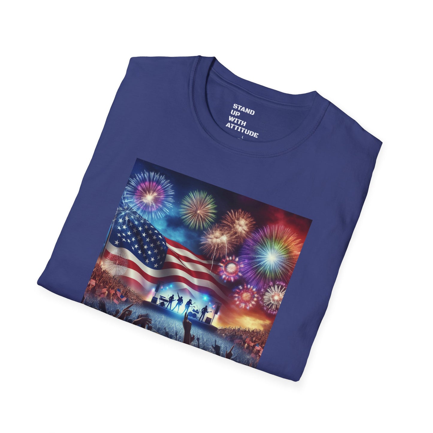 Crowd At Concert Cheering With American Flag And Fireworks Softstyle T-Shirt