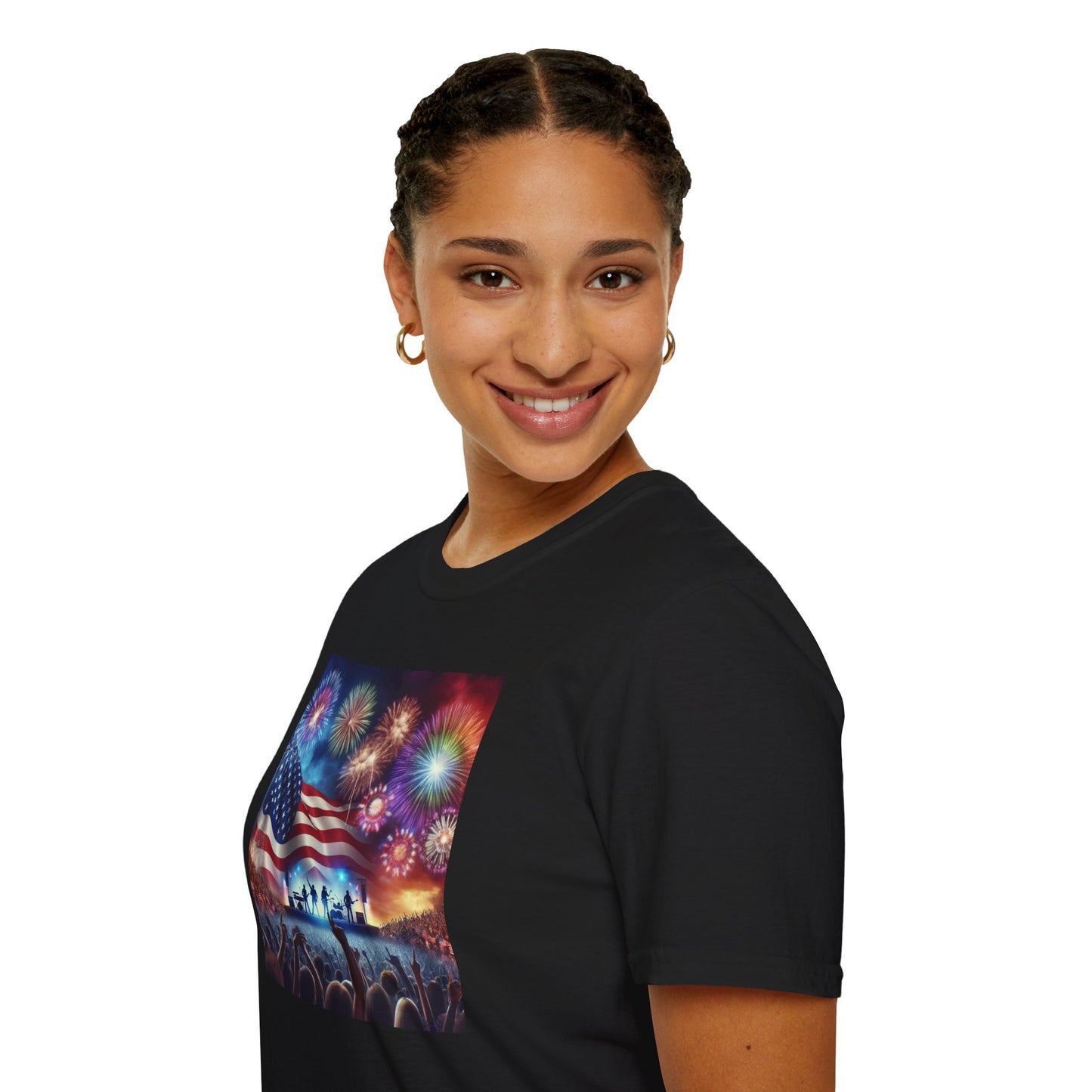 Crowd At Concert Cheering With American Flag And Fireworks Softstyle T-Shirt
