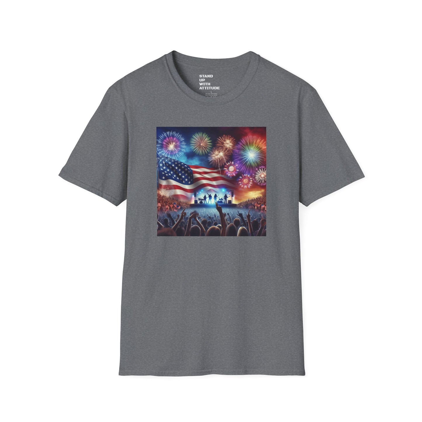 Crowd At Concert Cheering With American Flag And Fireworks Softstyle T-Shirt