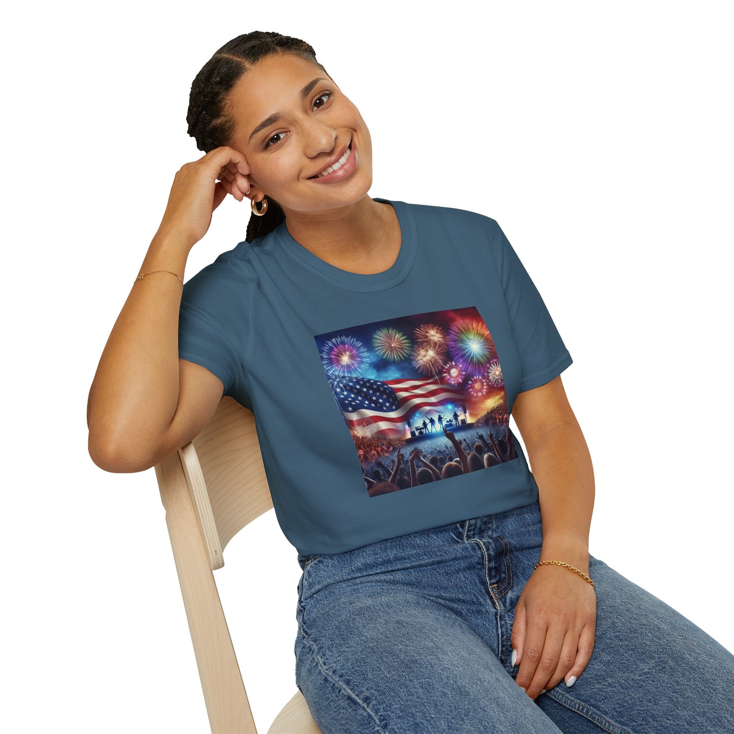 Crowd At Concert Cheering With American Flag And Fireworks Softstyle T-Shirt