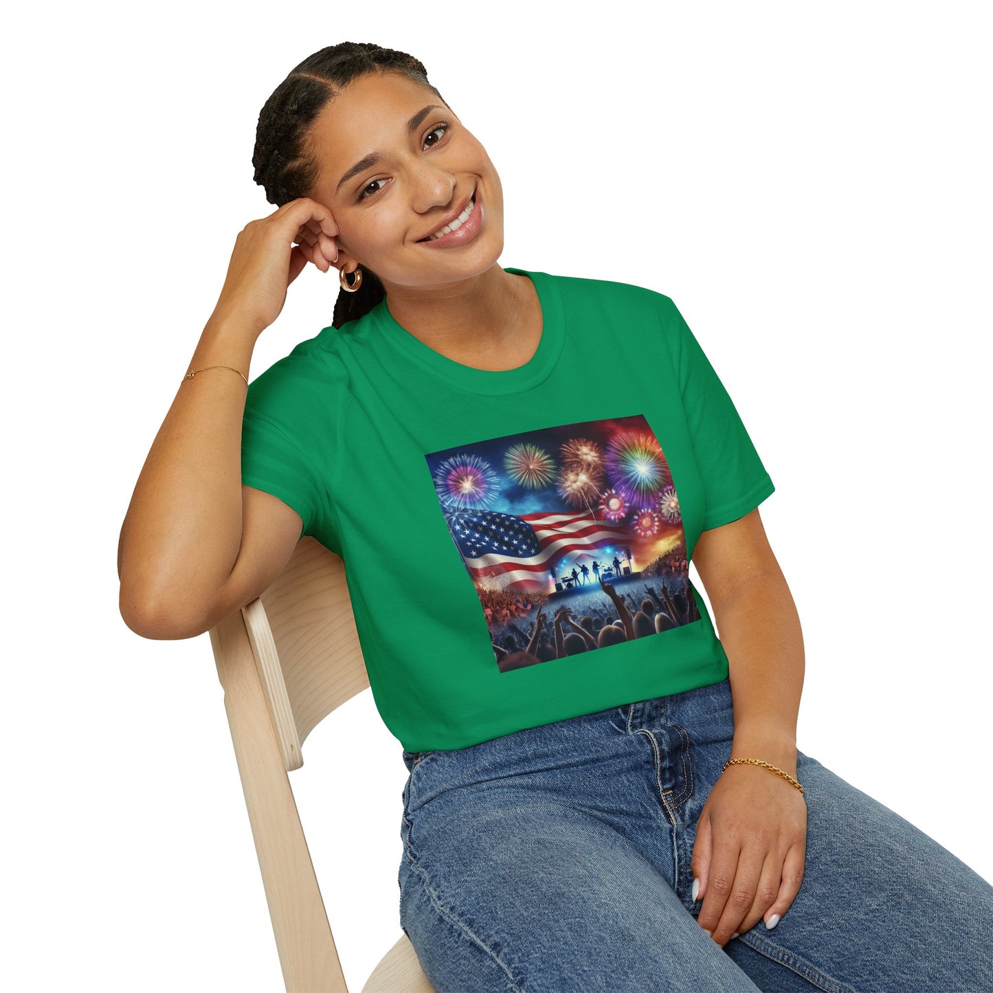 Crowd At Concert Cheering With American Flag And Fireworks Softstyle T-Shirt