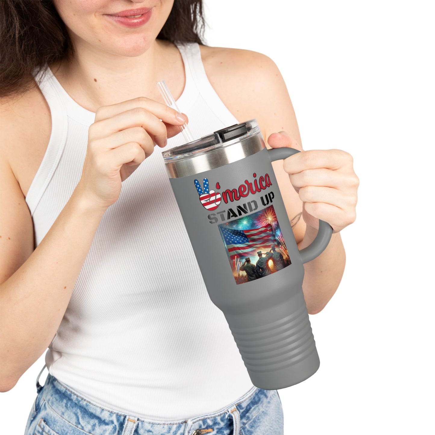 America Stand Up With Flag and 3 Solutes Insulated Travel Mug, 40oz