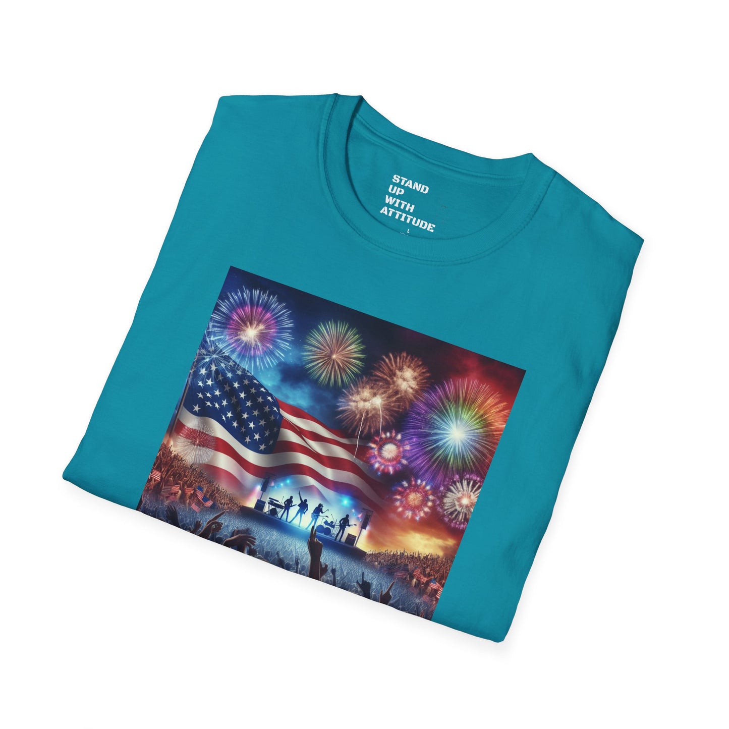 Crowd At Concert Cheering With American Flag And Fireworks Softstyle T-Shirt